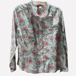 H&M WHITE FLORAL LONG SLEEVE BUTTON FRONT SHIRT